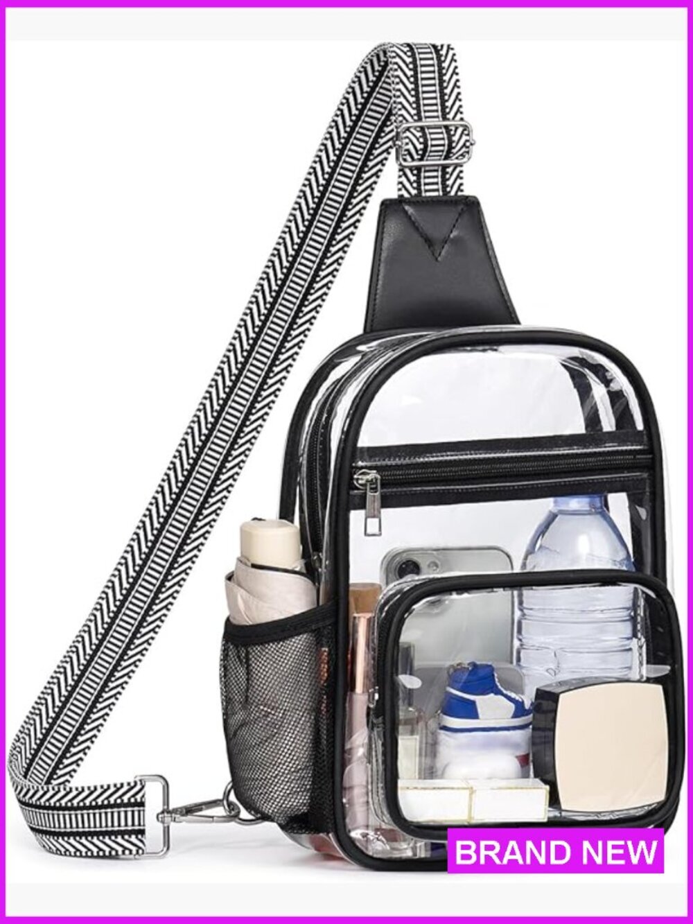 Clear Stadium Bag with Side Mesh Water Bottle Pocket Adjustable Crossbody Unisex